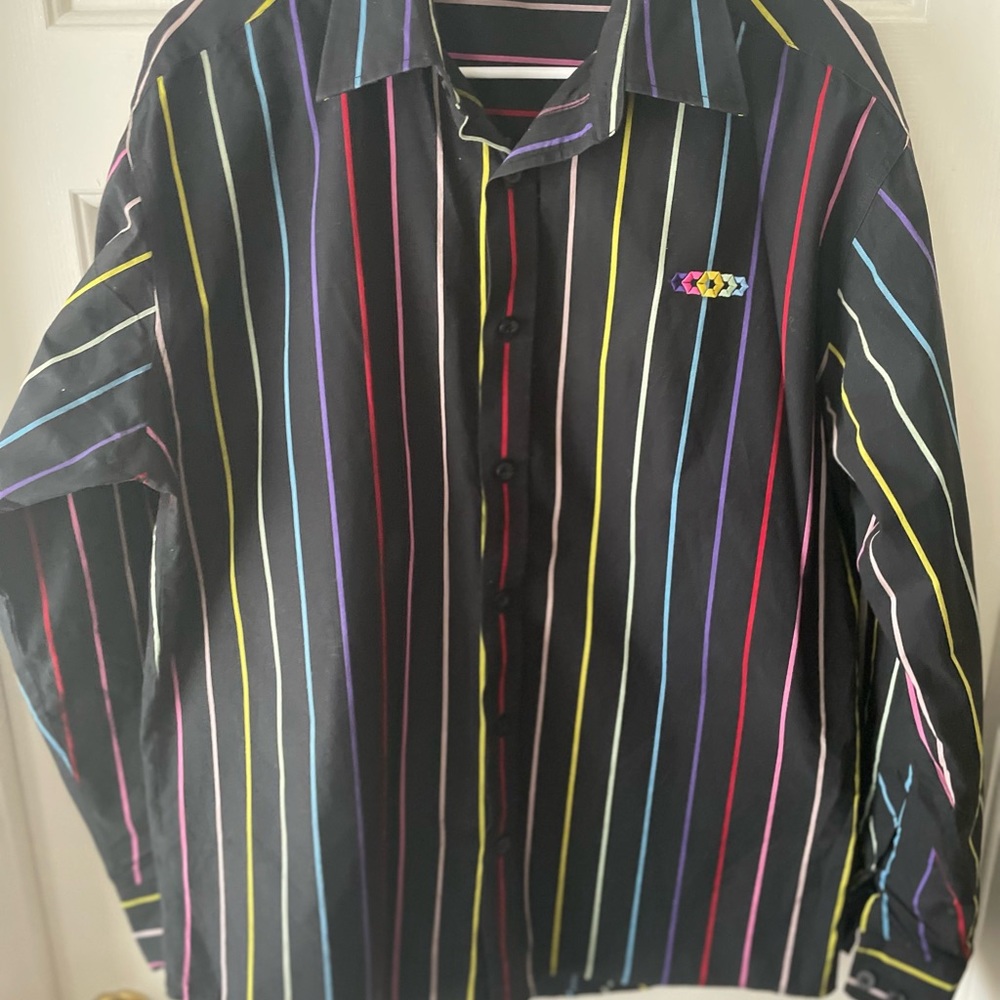 Long sleeve black multi color striped button down men’s shirt